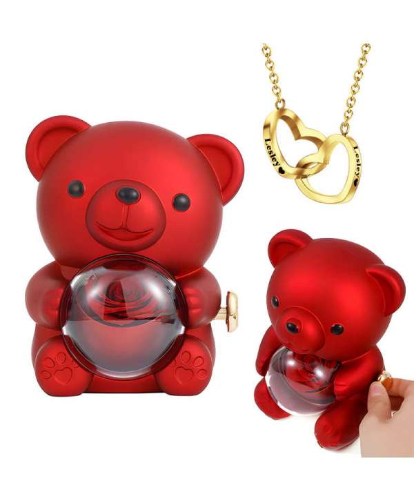 Engraved Heart Necklace with Real Rose Bear Giftbox Rose Shaped Necklace Gift Box Jewellery Gift Box