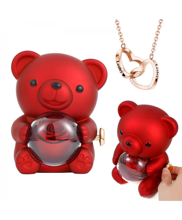 Engraved Heart Necklace with Real Rose Bear Giftbox Rose Shaped Necklace Gift Box Jewellery Gift Box
