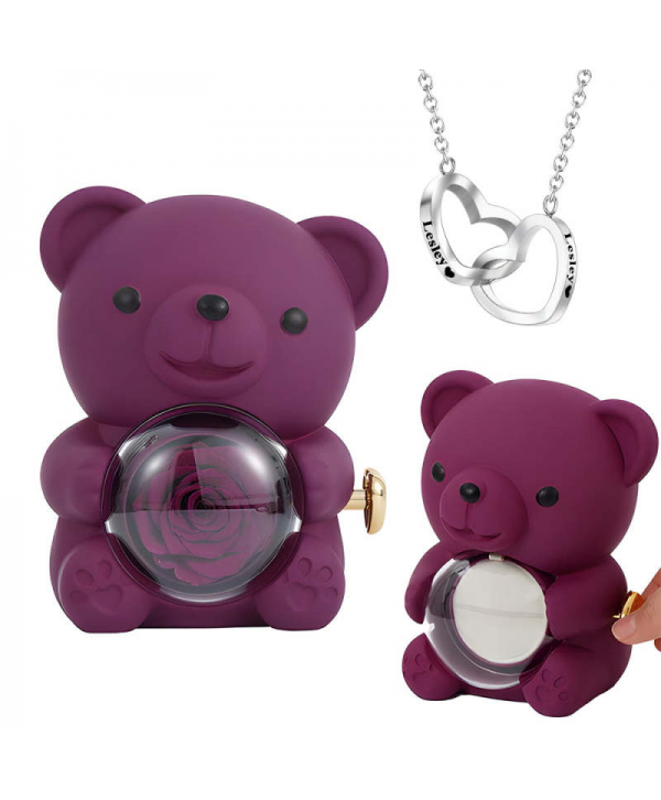 Engraved Heart Necklace with Real Rose Bear Giftbox Rose Shaped Necklace Gift Box Jewellery Gift Box