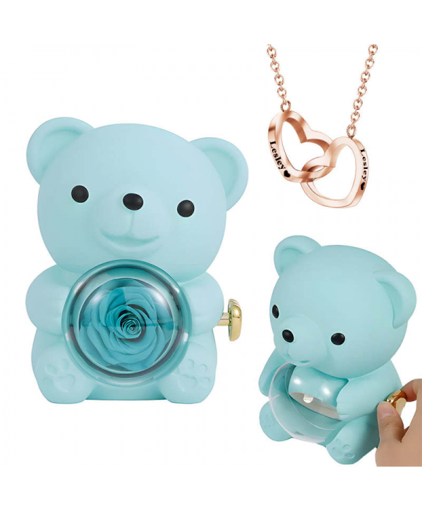 Engraved Heart Necklace with Real Rose Bear Giftbox Rose Shaped Necklace Gift Box Jewellery Gift Box