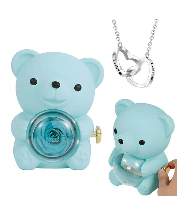 Engraved Heart Necklace with Real Rose Bear Giftbox Rose Shaped Necklace Gift Box Jewellery Gift Box