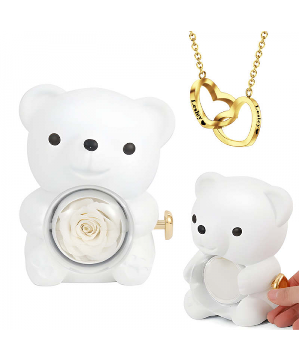Engraved Heart Necklace with Real Rose Bear Giftbox Rose Shaped Necklace Gift Box Jewellery Gift Box