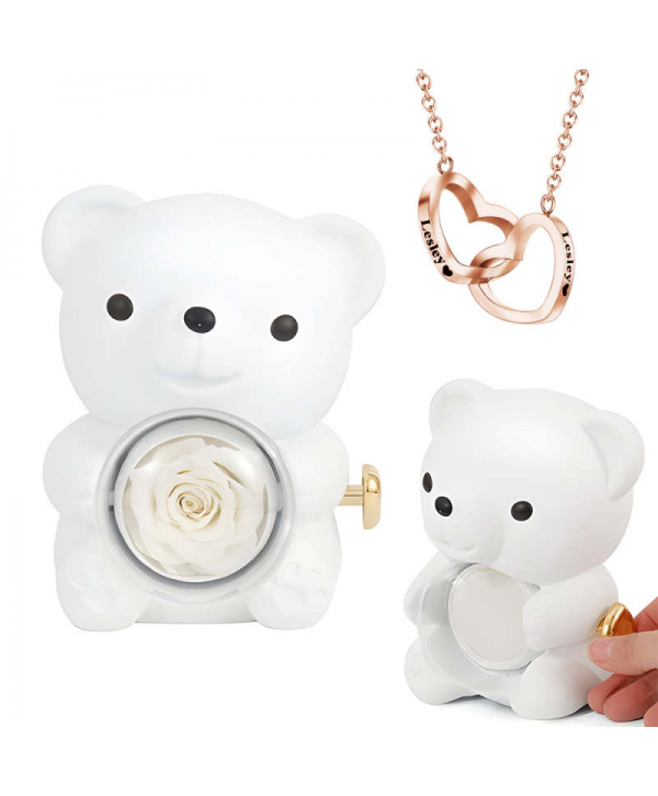 Engraved Heart Necklace with Real Rose Bear Giftbox Rose Shaped Necklace Gift Box Jewellery Gift Box