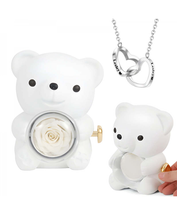 Engraved Heart Necklace with Real Rose Bear Giftbox Rose Shaped Necklace Gift Box Jewellery Gift Box