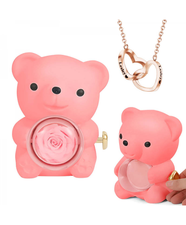 Engraved Heart Necklace with Real Rose Bear Giftbox Rose Shaped Necklace Gift Box Jewellery Gift Box