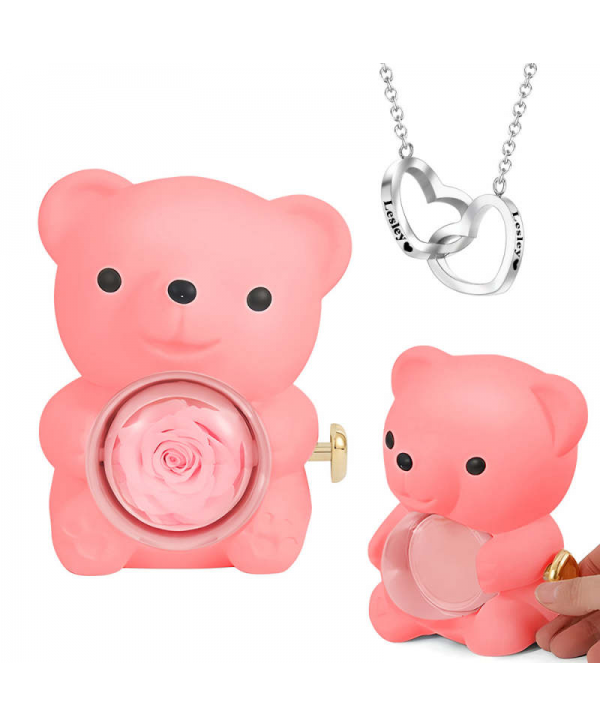 Engraved Heart Necklace with Real Rose Bear Giftbox Rose Shaped Necklace Gift Box Jewellery Gift Box
