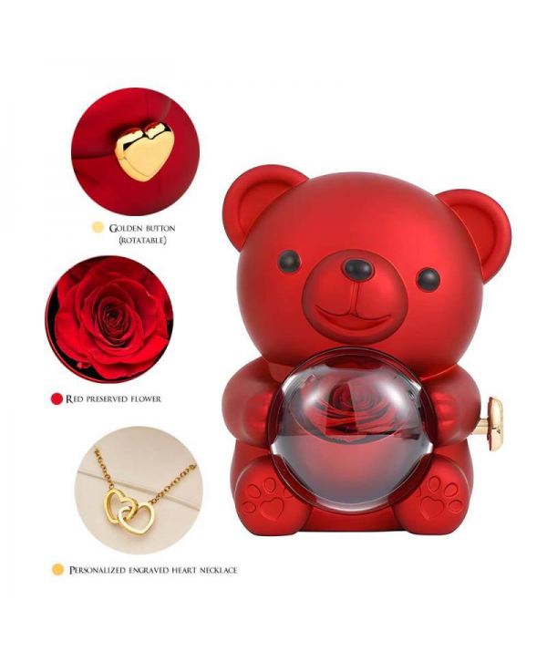 Engraved Heart Necklace with Real Rose Bear Giftbox Rose Shaped Necklace Gift Box Jewellery Gift Box