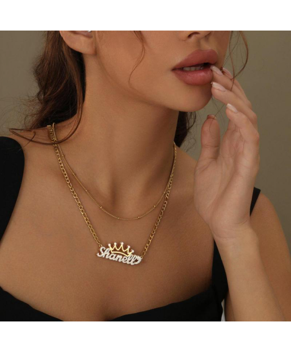 Custom Crown Name Necklace Personalized Crown Nameplate Double Plated Crown Name Necklace