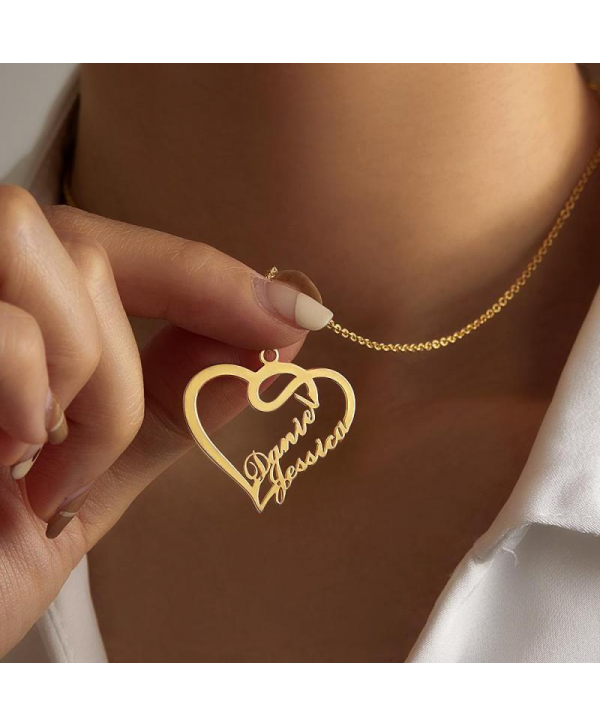 Personalized Overlapping Heart Two Name Necklace Nameplates Necklace14k Gold Plated For Her