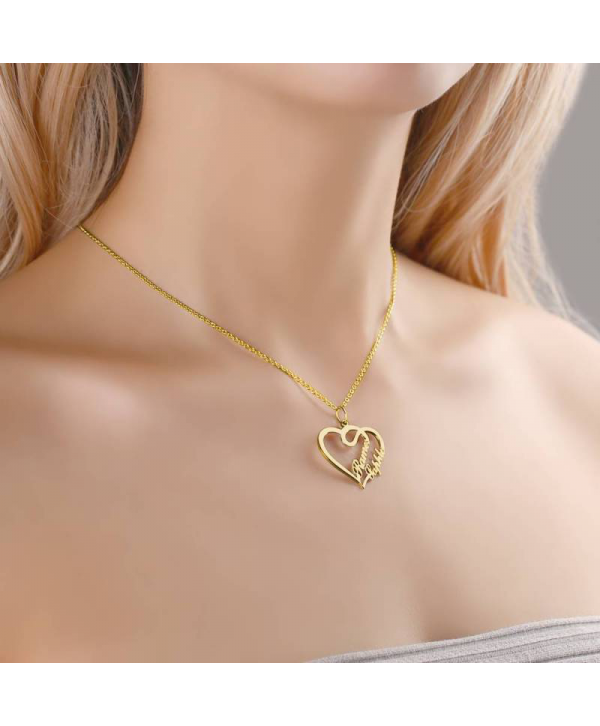 Personalized Overlapping Heart Two Name Necklace Nameplates Necklace14k Gold Plated For Her