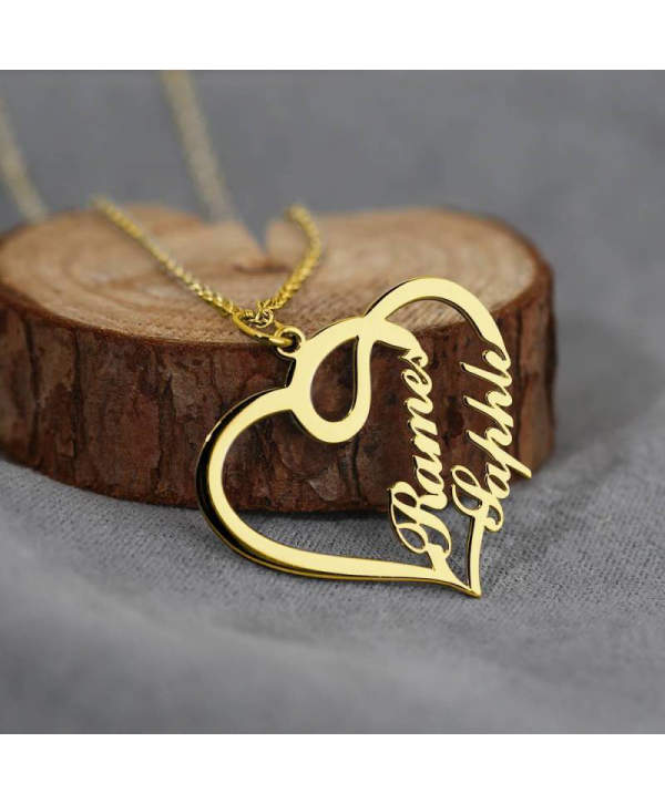 Personalized Overlapping Heart Two Name Necklace Nameplates Necklace14k Gold Plated For Her