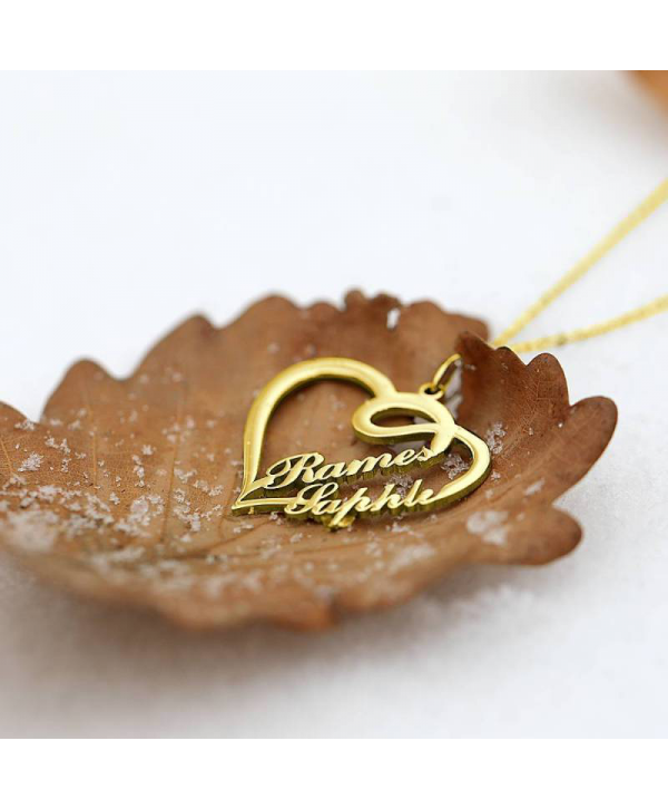 Personalized Overlapping Heart Two Name Necklace Nameplates Necklace14k Gold Plated For Her