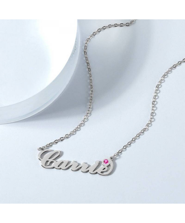 Personalized Birthstone Birthday Gift Name Necklace Platinum Plated Silver