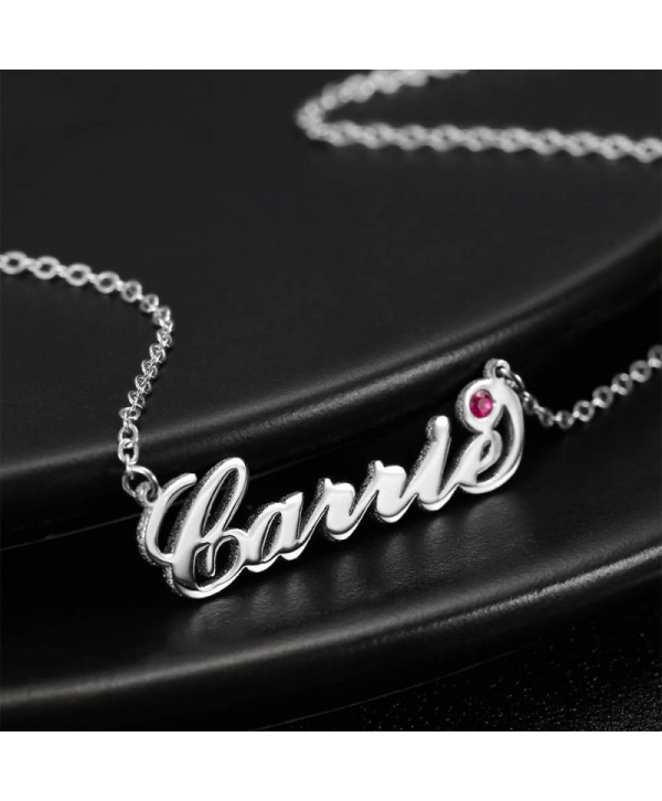 Personalized Birthstone Birthday Gift Name Necklace Platinum Plated Silver