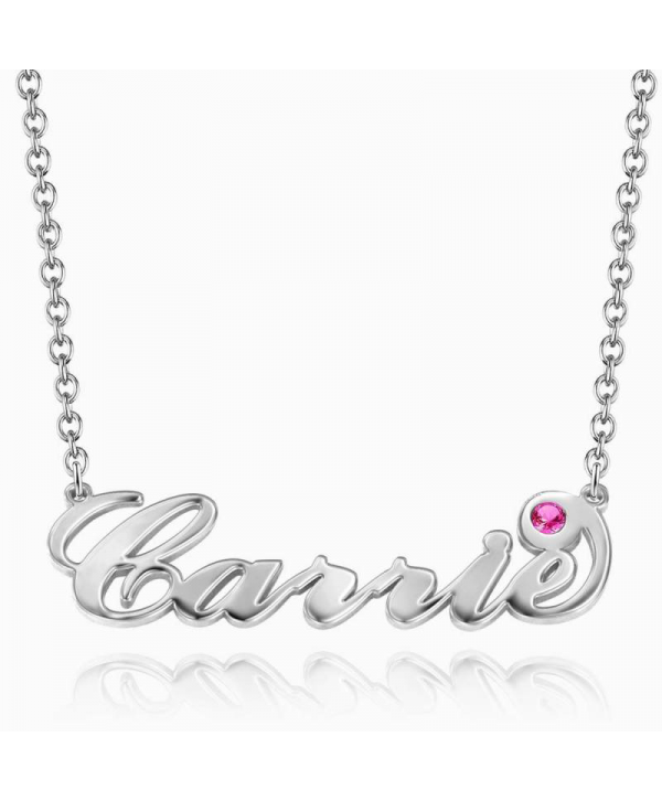 Personalized Birthstone Birthday Gift Name Necklace Platinum Plated Silver