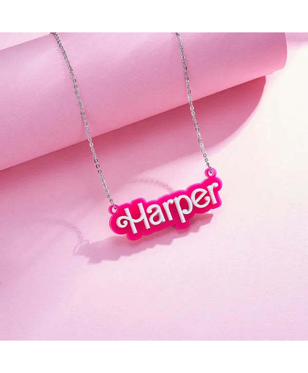 Personalized Pink and White Barbi Doll Acrylic Necklace with Name Birthday Valentine's Day Gift for Her