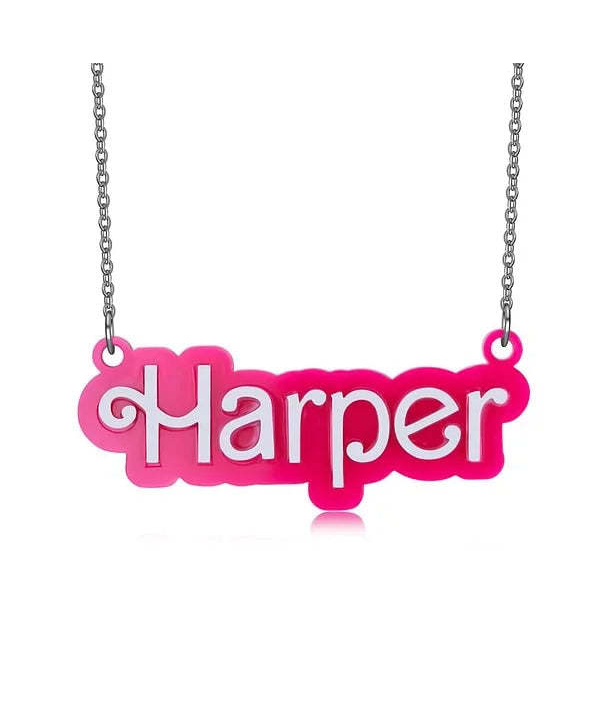 Personalized Pink and White Barbi Doll Acrylic Necklace with Name Birthday Valentine's Day Gift for Her