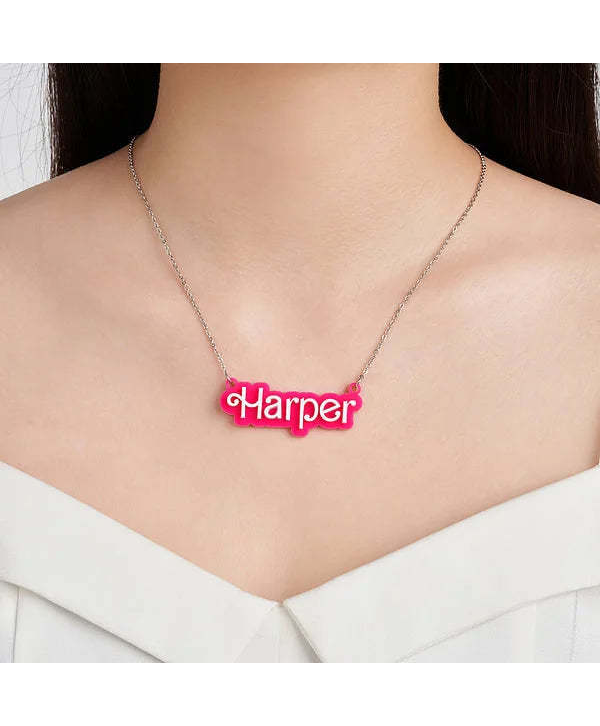 Personalized Pink and White Barbi Doll Acrylic Necklace with Name Birthday Valentine's Day Gift for Her