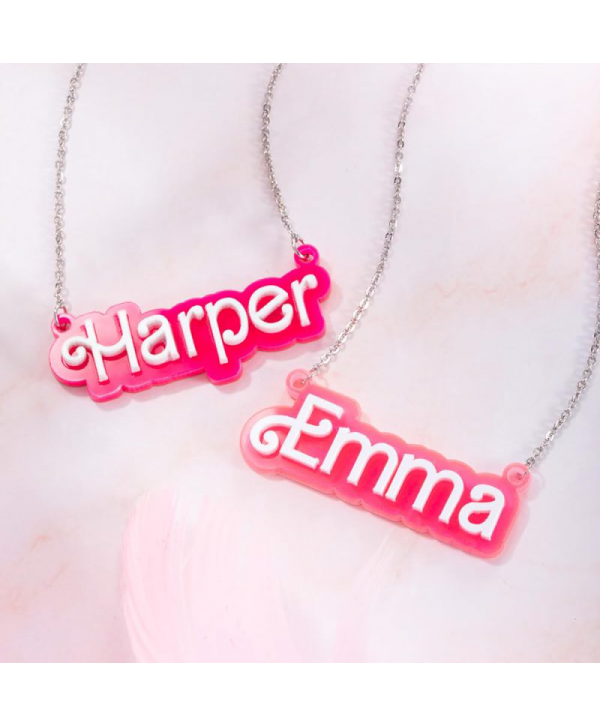 Personalized Pink and White Barbi Doll Acrylic Necklace with Name Birthday Valentine's Day Gift for Her