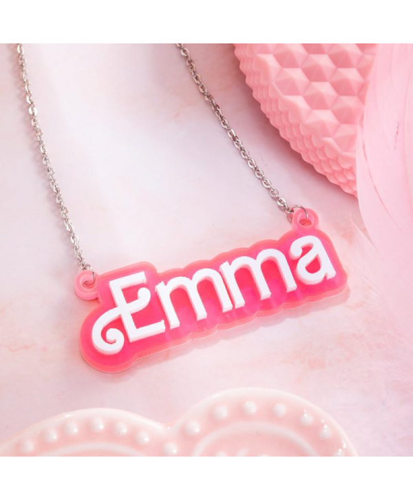 Personalized Pink and White Barbi Doll Acrylic Necklace with Name Birthday Valentine's Day Gift for Her