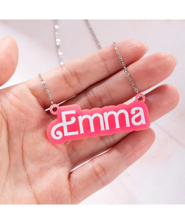 Personalized Pink and White Barbi Doll Acrylic Necklace with Name Birthday Valentine's Day Gift for Her