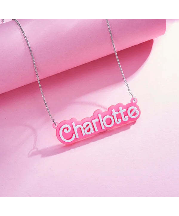 Personalized Pink and White Barbi Doll Acrylic Necklace with Name Birthday Valentine's Day Gift for Her